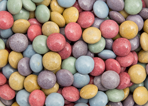 Chokoladelinser (100 g), assorterede, ensfarvede, veganske (som Smarties)