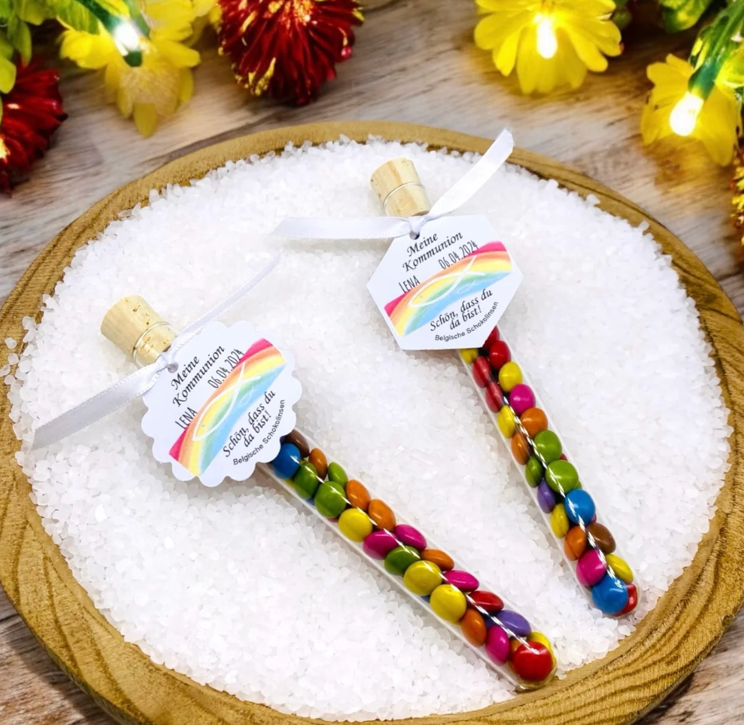 Personalisiertes Gastgeschenk für Kommunion, Konfirmation, Taufe, Firmung und Jugendweihe mit Regenbogen Design/ Schön, dass du da bist