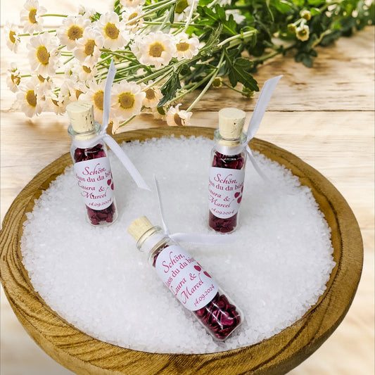 Wedding favors: Ship jars filled with chocolate hearts - Personalized imprint with the bride and groom's name and date
