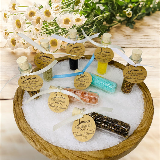 Very pretty personalized party favors as place cards with different fillings, kraft paper tags, satin ribbon, giveaway